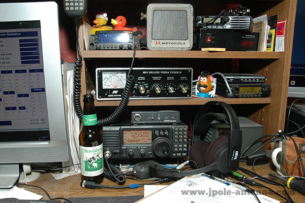 My slightly cluttered, but serviceable station includes an entry level HF right (Icom IC-718), a dual band VHF/UHF (Kenwood TM-V7a) and single band VHF (Icom IC-2100). 